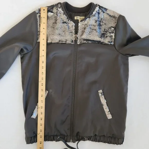 Democracy Sequin Embellished Satin Bomber Jacket Glam Disco Festival Party Cute - Picture 8 of 10